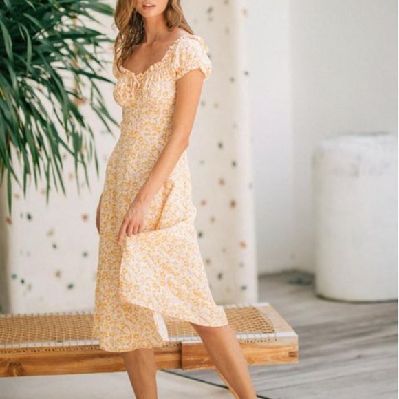 NWOT Daze Dayz Shirring Sleeves Midi Dress Yellow Floral Boho Size Medium - Picture 3 of 12